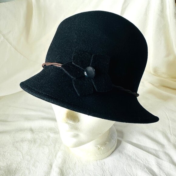 Memar Italy Black Wool Cloche Hat Flower Gray Cabochon Stone Brown Twisted Band - Picture 2 of 10